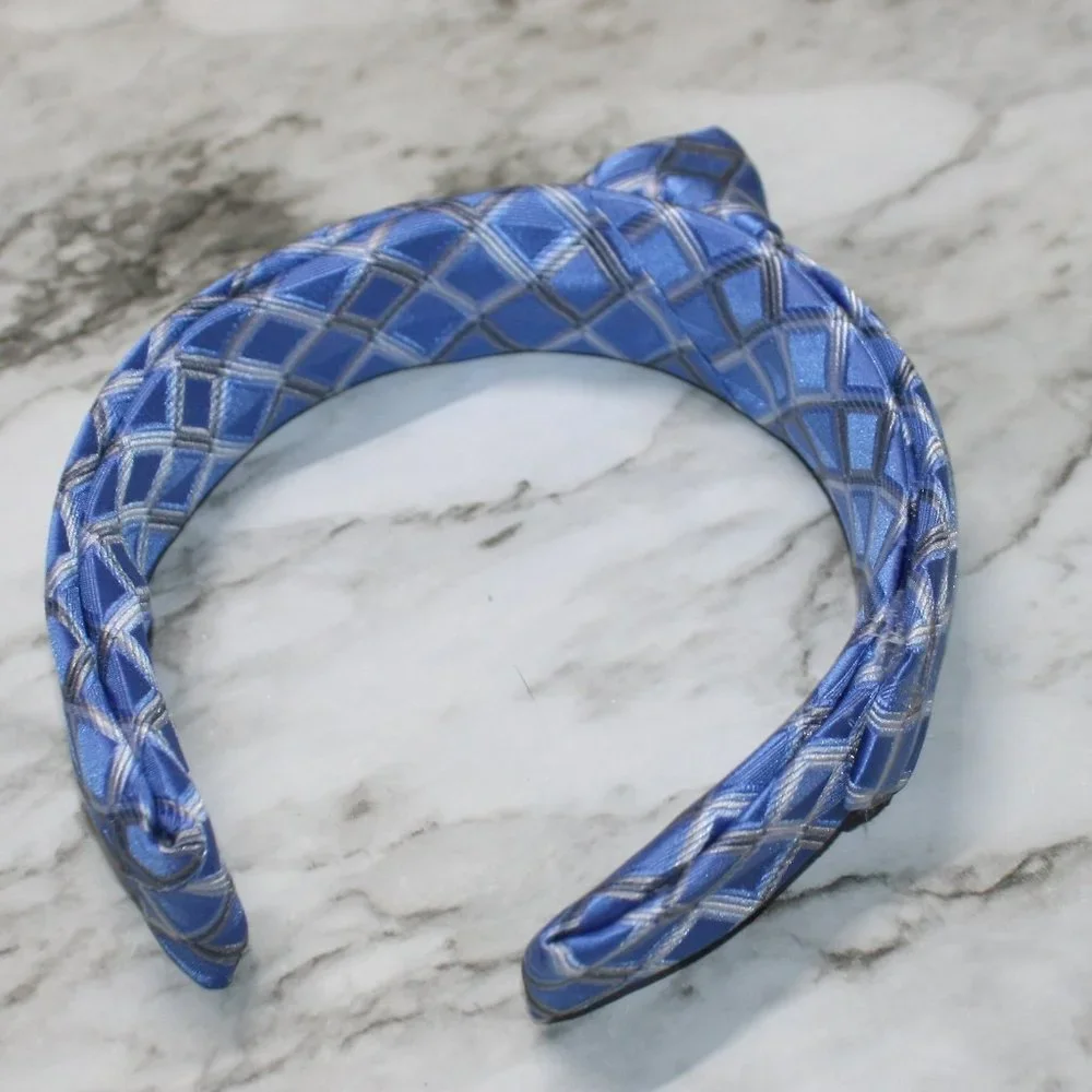HAND CRAFTED Blue Diamond Knotted Headband Repurposed Necktie Hair Accessory